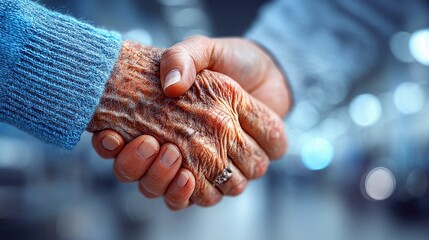 A handshake between an older person with wrinkled skin and a younger person, symbolizing connection and agreement.