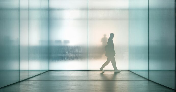 Man walks within glass structure. Light filters through panels creating blurred city view. Minimalist aesthetic, modern architecture. - Powered by Adobe