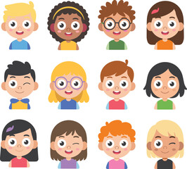 Cute cartoon kids faces collection, diverse children avatar illustration with happy expressions for education, school, and character design projects