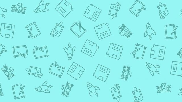 A light blue background with a repeating pattern of various teal line art icons including floppy disks, rockets, robots, and stylized monsters.