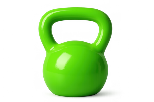 Green kettlebell standing isolated on transparent background, representing fitness training and strength workout equipment
