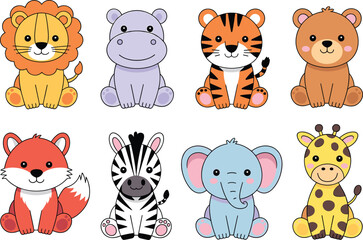 Naklejka premium Cute cartoon animals illustration, lion, hippo, tiger, bear, fox, zebra, elephant, giraffe, kids design, educational, playful, colorful, friendly