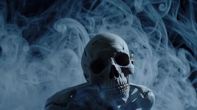 Skull emerges from swirling smoke. Skeleton torso sits amid dense fog. Bone detail and cracked surface evoke horror and macabre mood. Spooky eerie atmosphere feels dark and halloween ready for ritual.