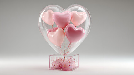 pink heart shaped balloons on a gradient background ,  The soft  minimalist aesthetic convey a message of love and romance , "Heartfelt Levitation, 3D Pink Heart Floating in a Playful Dance of Love"