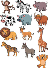 Naklejka premium Cartoon animal faces, cute zoo creatures, farm animals, jungle wildlife, children illustration, playful pets, educational design, vector art, animal icons