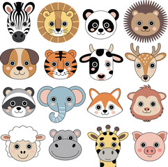 Naklejka premium Cartoon animal faces, cute zoo creatures, wildlife icons, children illustration, educational design, playful pets, jungle animals, farm animals, vector art