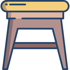 Simple stool with a light brown cushioned seat and a beige wooden frame featuring a lower crossbar, isolated on a transparent background, clean illustration style