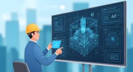 A professional engineer in a safety helmet analyzing a digital blueprint of a building project on a large screen in a modern office environment
