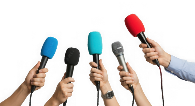 Multiple hands holding microphones with colorful foam covers for an interview or press conference isolated on transparent background