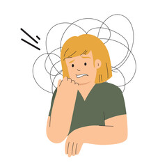Woman doubts and fears. Woman props her head up with her hand, a swarm of thoughts. Concept of mental health. Emotional experiences. Stress, harping on problems