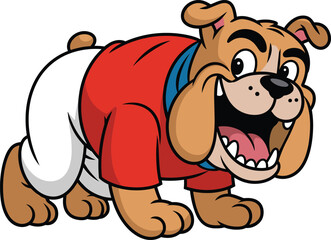 Cute cartoon bulldog mascot wearing red shirt smiling playfully, funny dog illustration character design for kids, pets, animation, vector