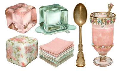 Colorful Art Objects with Floral Design and Transparent Background Elements