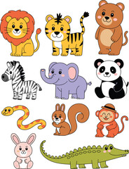 Naklejka premium Cute cartoon wild animals collection, adorable jungle and zoo animals vector illustration for kids education, nursery, and learning materials