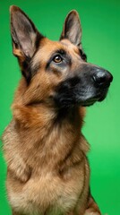 A close-up shot of a majestic canine with striking brown fur and attentive gaze, green backdrop