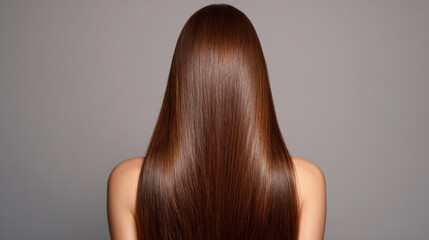Fototapeta premium Woman with Long Straight Shiny Brown Hair Shown from Behind Against Elegant Simplicity soft background