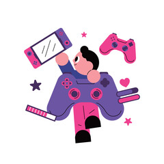 Playful Gamer Character with Video Game Controllers