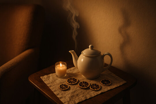 Teapot and cups on a wooden tray with cookies; warm evening light and comfortable home mood. - Powered by Adobe