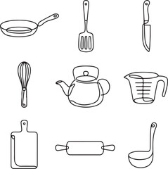Set of 9 Minimalist Continuous Line Art Kitchen Tool Icons