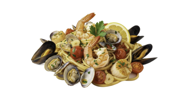 Gourmet Seafood Pasta Dish on a Transparent Background Studio Shot