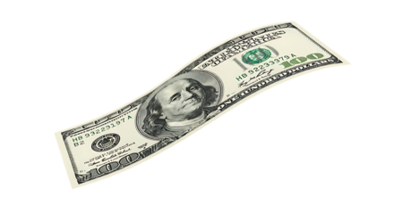 One Hundred Dollar Bill Currency Floating and Waving Against Black Background money finance isolated on a transparent background