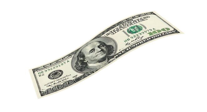 One Hundred Dollar Bill Currency Floating and Waving Against Black Background money finance isolated on a transparent background - Powered by Adobe