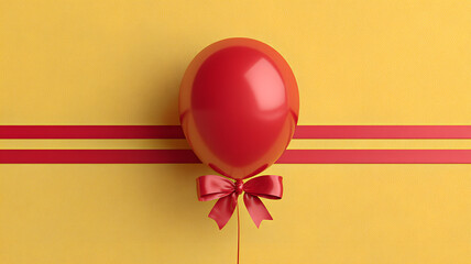 Yellow and red  balloon with bow tied to it,  can be used for celebrations and decorations , High quality photo floating yellow background ,celebrating a birthday party atmosphere with vibrant colors 