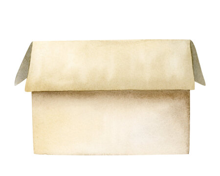Simple beige open cardboard box watercolor illustration isolated on white, side view. Packaging, moving and transferring minimalist clip art for transportation companies