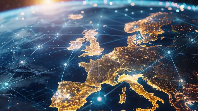 of a digital interconnected Europe with glowing lines representing global technology and connectivity.