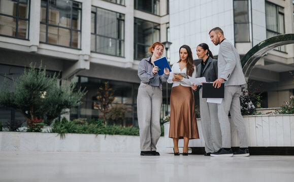 A diverse group of professionals stands outdoors in a modern urban courtyard, reviewing documents and discussing plans. - Powered by Adobe