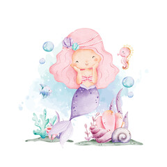 Watercolor Illustration Cute Mermaid and Sea Creatures