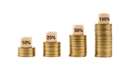 Stacks of Gold Coins with Percentage Dice on Top Against Black Background money currency isolated on a transparent background