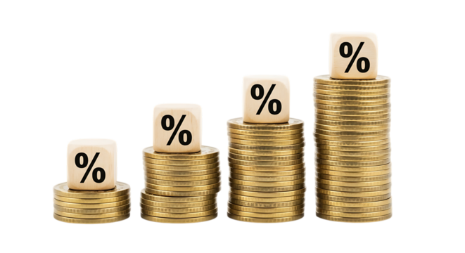 Stacks of Gold Coins with Percentage Symbols on Wooden Cubes graphic design isolated on a transparent background