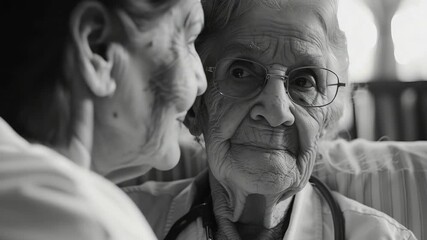 Two elderly people sharing an affectionate moment together. Black and white .