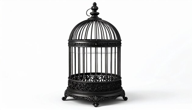 Empty black metal birdcage with domed top and scrollwork—set against white background