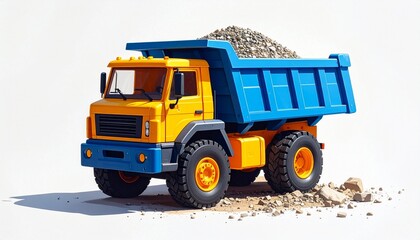 &ldquo;Colorful toy dump truck filled with pebbles&mdash;set on flat surface with spilled gravel,
