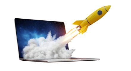 Yellow Rocket Launching from Laptop Screen with Smoke and Stars computer technology isolated on a transparent background