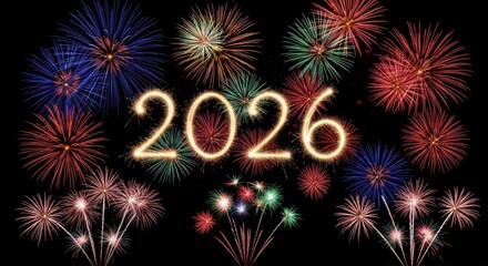 Bright fireworks display celebrating the arrival of the year 2026