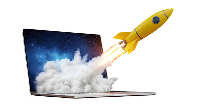 Yellow Rocket Launching from Laptop Screen with Smoke and Stars computer technology isolated on a transparent background