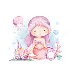 Watercolor Illustration Cute Mermaid and Sea Creatures