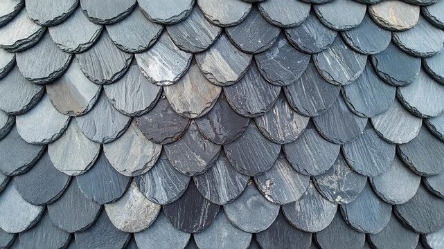 Slate roof close-up with overlapping fish-scale shaped tiles in a staggered pattern. Architecture, material texture, and historic design.