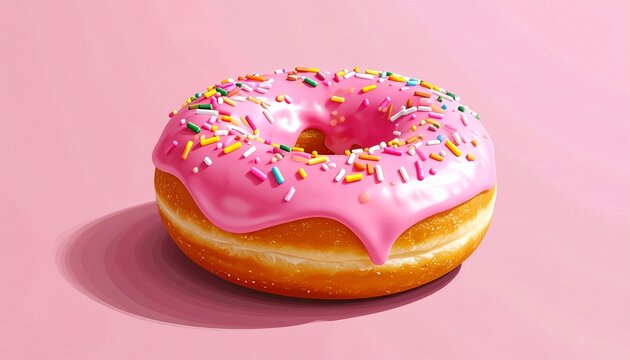 Single donut with pink icing and colorful sprinkles