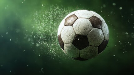 A close-up shot of a soccer ball surrounded by particles against a green background