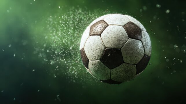 A close-up shot of a soccer ball surrounded by particles against a green background
