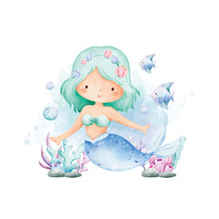 Watercolor Illustration Cute Mermaid and Sea Creatures
