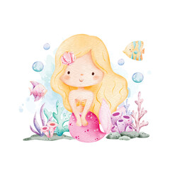 Watercolor Illustration Cute Mermaid and Sea Creatures
