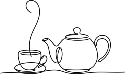 Continuous Line Art Illustration of Teapot Cup and Rising Steam