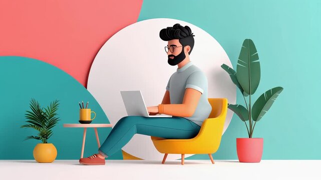 Cartoon Man Working on Laptop in Stylish Modern Office