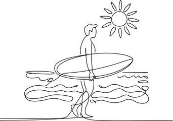 Fototapeta premium Continuous Line Art Illustration of Surfer Holding Board with Waves and Sun