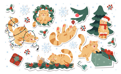 A collection of stickers featuring Christmas ginger cats interacting with Christmas elements such as a wreath, Christmas tree, gift box, holly, and candy canes on a light background.