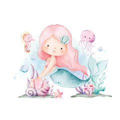 Watercolor Illustration Cute Mermaid and Sea Creatures